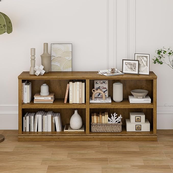 blini Bookshelf Double Wide 64“ 2-Tier Bookcase Vintage Oak 4 Cube Storage Organizer Wooden Bookcases for Bedroom and Home Office Decor Display