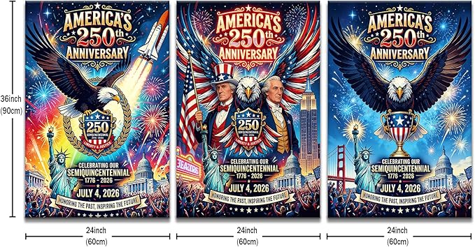 DINGFUN Patriotic Wall Decor 3 Piece Canvas Art, 1776-2026 America's 250th Anniversary Semiquincentennial Framed Large Painting, USA Historical Celebration Print for Living Room, 72x36 Inch