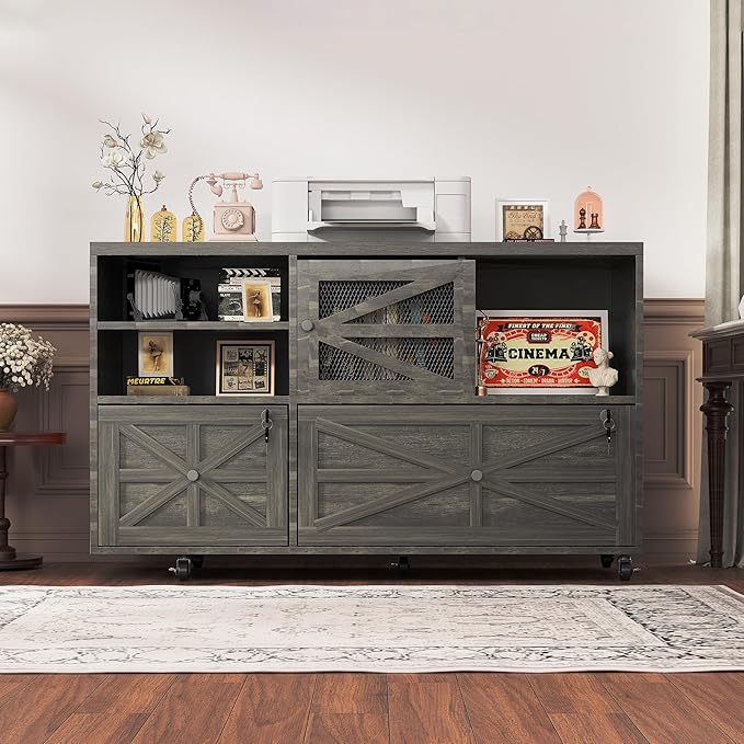 Semoic 2 Drawer Farmhouse File Cabinet with Lock, Mobile Lateral Filing Cabinet for Letter/Legal/A4 Size, Open Storage Adjustable Shelf for Home Office Cabinets, Gray