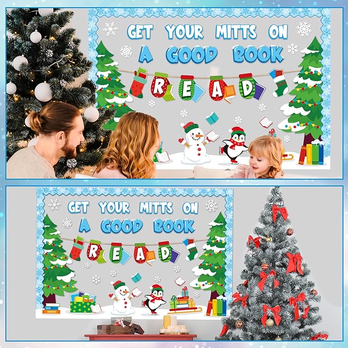 gisgfim Winter Reading Bulletin Board Decorations Winter Snowman Paper Cutouts Penguin Tree Classroom Bulletin Board Set for School Home Chalkboard Door Xmas Holiday Decor Supplies