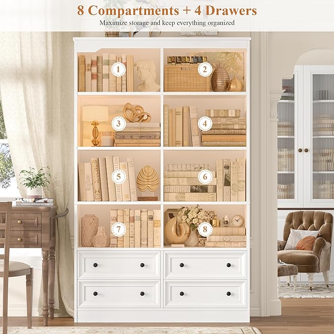 FINETONES 71" Tall Bookshelf with 4 Drawers, 6-Tier Double Wide Bookshelves and Bookcases with Storage, White Bookshelf Large Open Bookshelves Standing Book Cabinet for Home Office, White