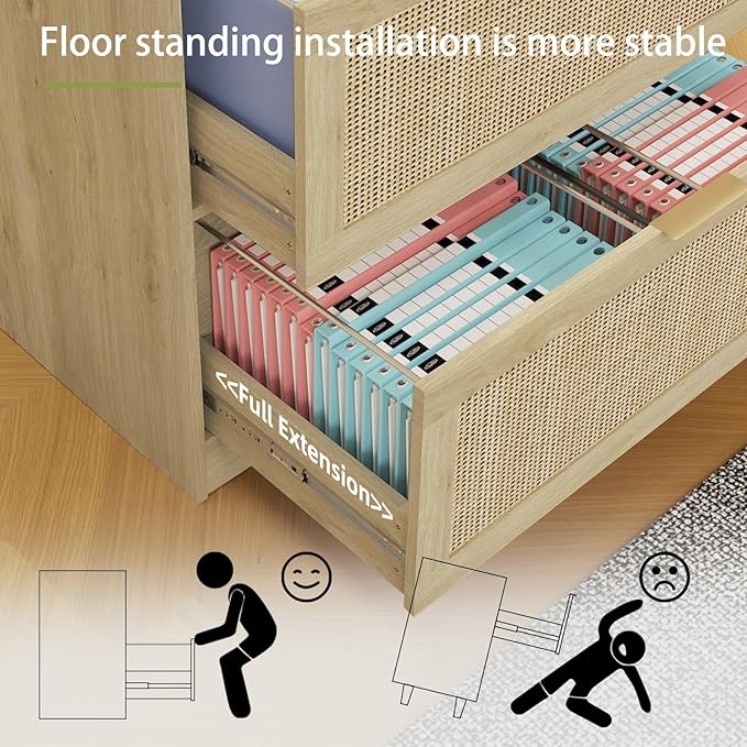 HOPUBUY 2 Drawer File Cabinet with Lock Set of 2, Printer Stand Lateral Filing Cabinets for Home Office and School, Wood Rattan File Cabinet for Hanging Files/Letter/Legal/A4/F4 Size, Natural Wood