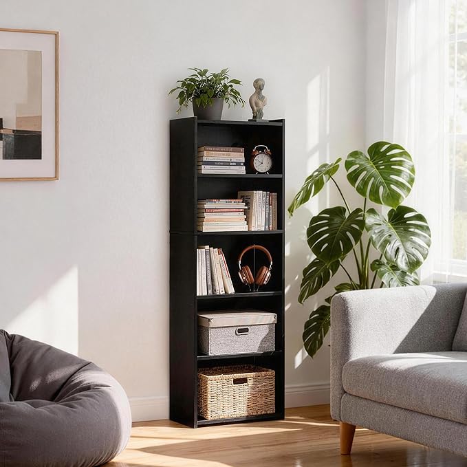 5-Tier Narrow Bookcase for Small Spaces, Freestanding Bookshelf Organizer with Open Shelves for Home Office, Bedroom, Apartment, Kids Room, Storage for Books, Toys and Bins