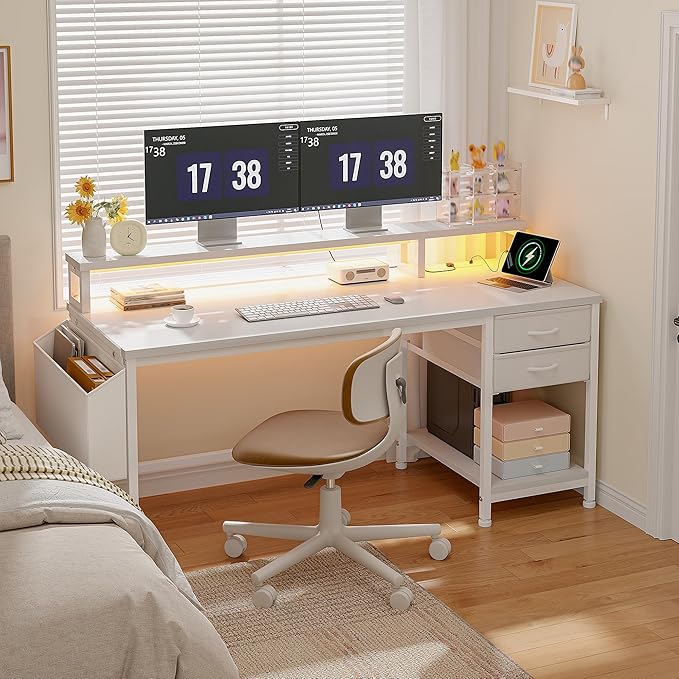 48" Computer Desk with LED Strip, Gaming Desk with Drawers & Storage Bag, Office Desk with Power Outlets & Monitor Stand, Home Office Desks for Bedroom, Gaming Room, White