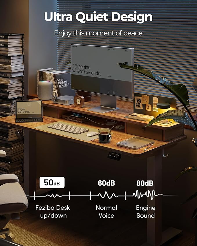 FEZIBO 55 x 24 Inch Height Adjustable Electric Standing Desk with Double Drawer, Stand up Desk, Home Office Computer Workstation with 4 Height-Adjustable Feets & 2 Hooks, Light Rustic