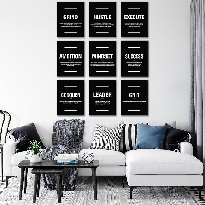 COSCTOR Set of 9 Motivational Wall Art Decor Inspirational Posters Quotes Framed Canvas Pictures Grind Hustle Execute for Workplace Office Garage Gym Classroom Bedroom(Framed,16x24)