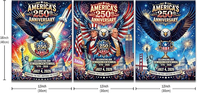 DINGFUN America's 250th Anniversary Wall Art 3 Piece Canvas Set, USA Semiquincentennial Patriotic Decor, 1776-2026 Independence Day Framed Poster for Office and Living Room, 36x16 Inch