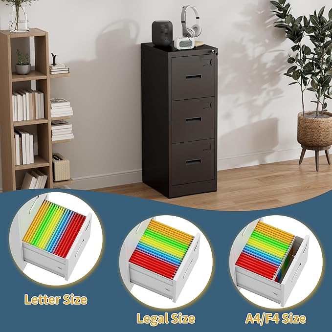 3 Drawer File Cabinet with Lock, Vertical Filing Cabinets for Home Office, Heavy Duty File Cabinet, Metal Storage Cabinets for Letter/Legal/A4/F4 Size Assembly Required, Black