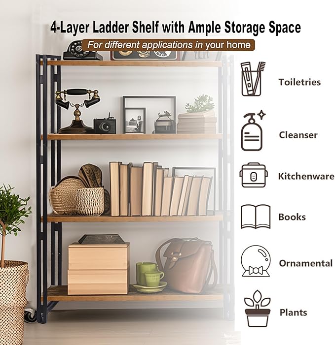 47" 4-Tier Bookshelf Rustic Wood and Metal Industrial Bookshelf for Home Office, Bedroom, Kitchen, Bathroom (Light Grey, 4-Tier)