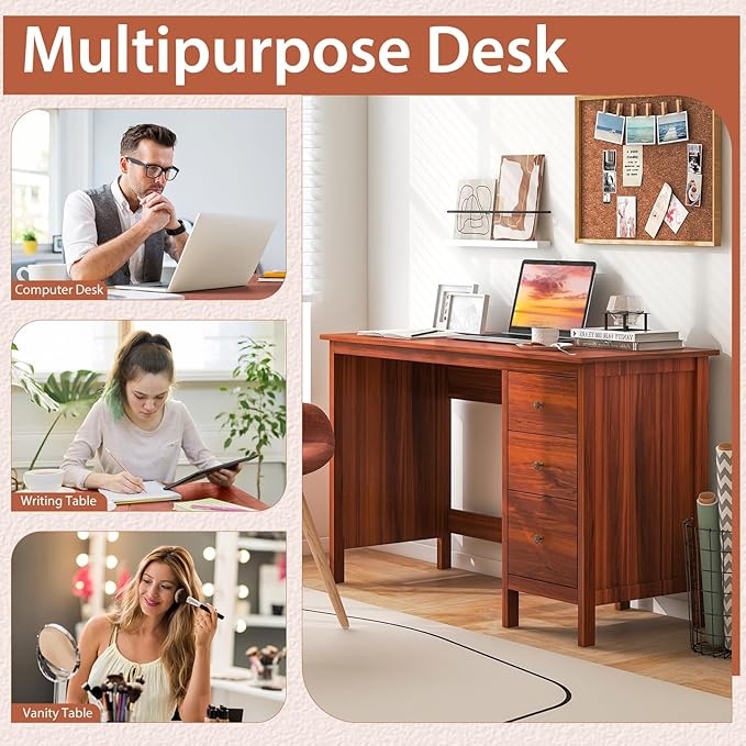 Tangkula Computer Desk with 3 Storage Drawers, Modern Home Office Desk with Storage Drawers & Spacious Desktop, Compact Writing Study Desk Laptop Desk for Bedroom, Multipurpose Computer Workstation
