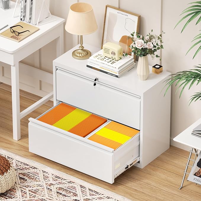 INTERGREAT White File Cabinet 2 Drawer, Metal Lateral Filing Cabinet with Lock, Office File Cabinets with Anti-tilt Mechanism for Letter/Legal/A4/F4, Easy Assemble