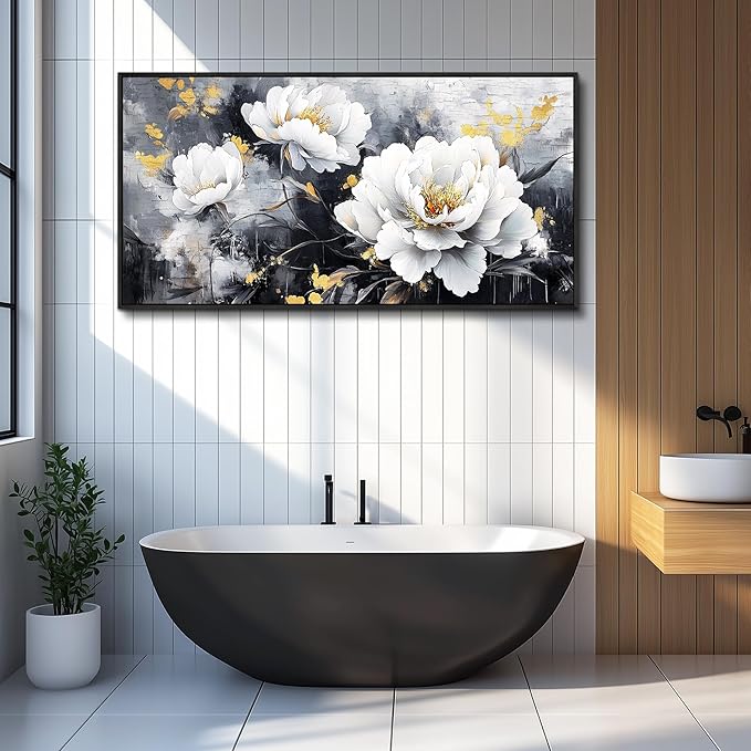 PHAOHUAXM Large Canvas Black Framed Wall Art Decor For Living Room Bedroom Abstract Painting Ink-Wash White Flowers With Home Dining Room Decorations Prints Posters Modern Room Home Decor 24"X48"