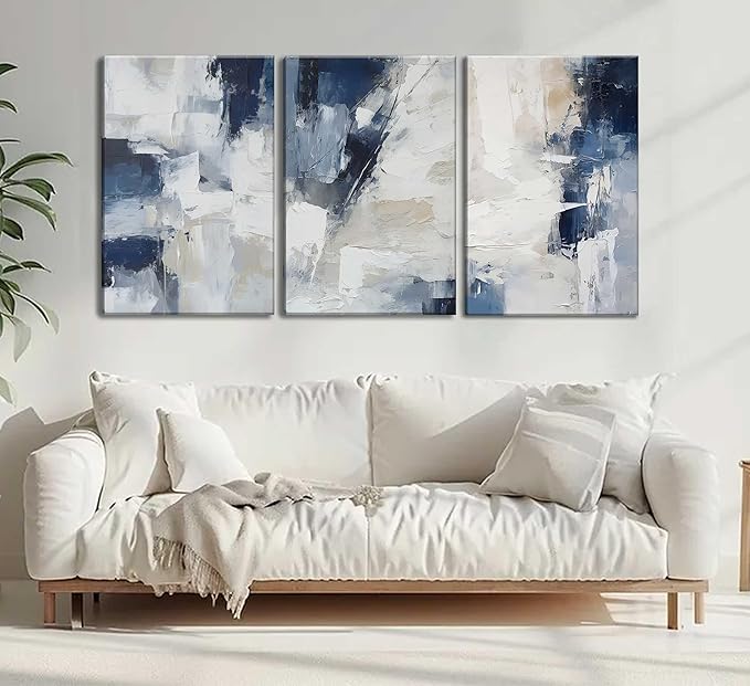 3pcs Navy Blue Abstract Canvas Wall Art Modern Minimalist Neutral Blue White Painting Picture Wall Decor Posters Prints Artworks for Living Room Bedroom Office Home Decoration