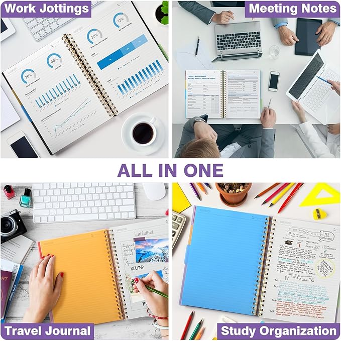 5 Subject Notebooks College Ruled, Spiral Lined Notebook with Removable Dividers, 300 Pages 100GSM Thick Spiral Writing Journal for Women & Men, Large A5 Notebooks for Work, School Supplies, 6" x 8"