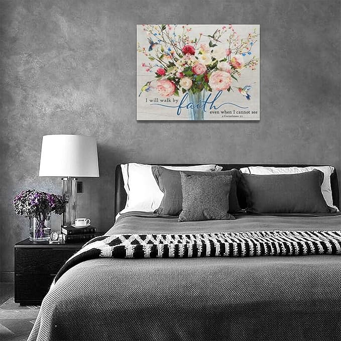 Christian Wall Art Bible Verses Pictures Wall Decor Rustic Floral Canvas Country Flower Print Painting Modern Home Artwork for Bathroom Bedroom Living Room Office Framed 16"x12"