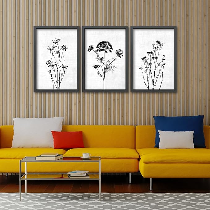 TQianJiang Flower Plant Wall Decor 24"x16" Black And White Botanical Painting Wood Framed Set of 3 Bedroom Office Abstract Wildflower Sign Hanging Art (Black)