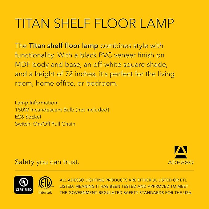Adesso Square Floor Lamp with 3-Tier Open Shelves, Black Base, Fabric Shade, 72” T x 10.5” W, Extended Length Cord, Enhances Room Decor and Home Lighting