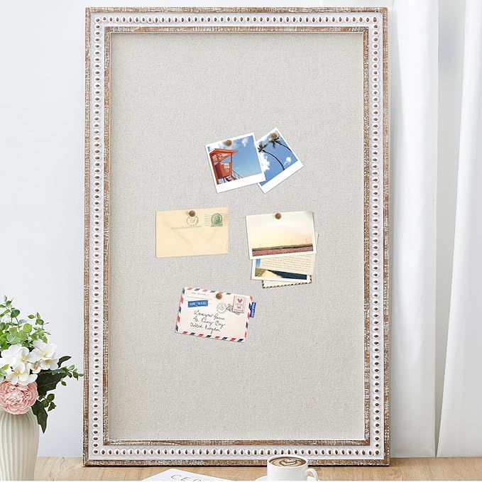 Vintage Framed Pin Board Linen Display Bulletin Board Large Cork Fabric Picture Photo Pinboard Memo Ornate Decorative Pinboard Ornate for Wall Gift(Rectangle,24" X 36",Retro White)
