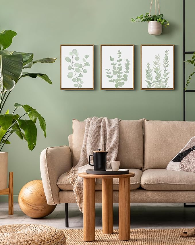 Drsoum Framed Botanical Plant Canvas Wood Wall Art Light Green Sage Wall Decor Eucalyptus Leaf Picture for Bedroom Living Room Bathroom Office 12āx 16ā x 3pcs