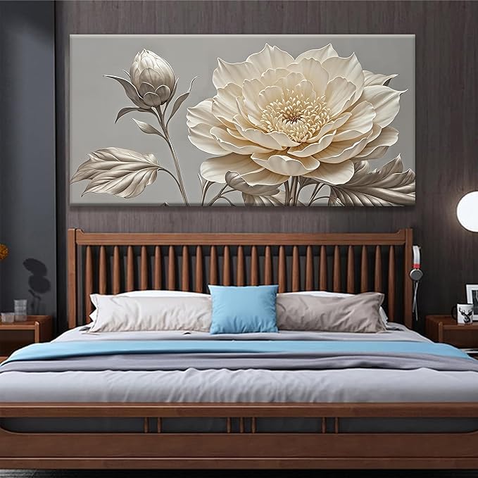 QSQ Large Wall Art Living Room Home Wall Decor Modern Canvas Art Wall Decor 29 X 58 Inches White Painting Print Elegant Silver White Flower Wall Art Picture For Bedroom Office Decoration Artwork