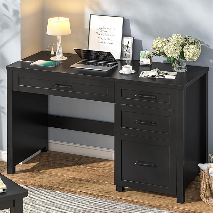 Farmhouse 47" Executive Desk, Computer Desk with File Drawer and Charging Station, Workstation for Home Office, Study.(Pure Black)