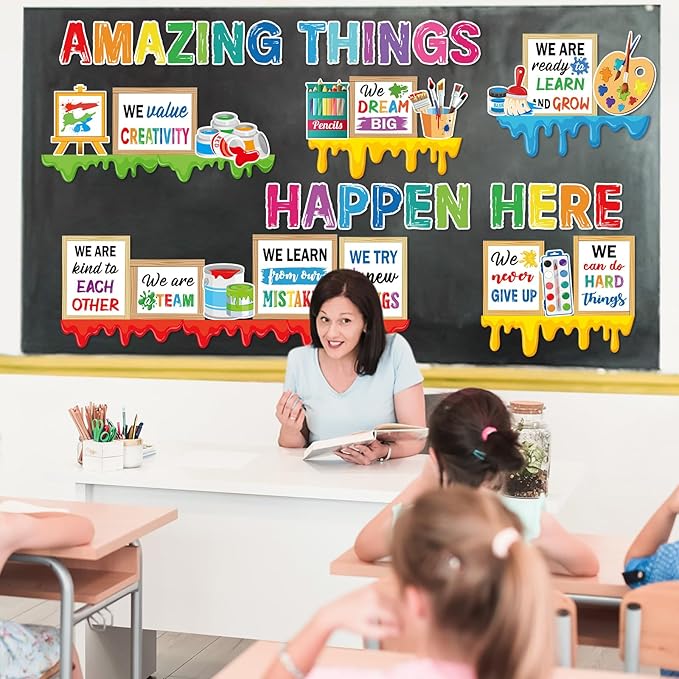 Qilery Art Theme Bulletin Board Set, Amazing Things Happen Here Paint Splatter Cutouts, Colorful Growth Mindset Motivational Classroom Decor, Inspirational Art Room Teacher Supplies