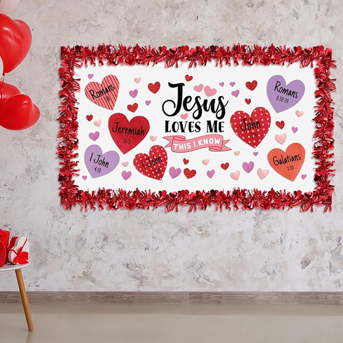 Fuutreo 57 Pcs Easter Christian Bulletin Board Set Religious Jesus Loves Me This I Know Heart Cutouts with Tinsel Twist Garland for Sunday School Classroom Decor