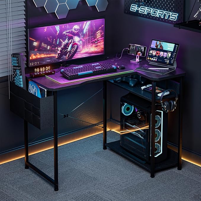 Small Gaming Desk with Power Outlets, 40 Inch L Shaped Desks with Reversible Shelves and Storage Bag,Computer Desk Corner Desk PC Desk for Gaming and Home Office Table,Black