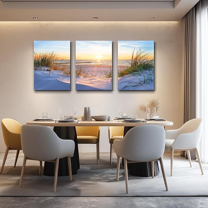 MHARTK66 Wall Decor For Living Room Canvas Wall Art For Bedroom Modern Office Pictures Wall Artwork Blue Sun Beach Grass Ocean Landscape Paintings Canvas Art Prints Home Decorations 3 piece
