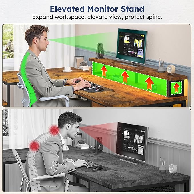 96.5''Office Desk with LED Lights, L Shaped Gaming Desks with Power Outlets, Two Person Computer Desk with Drawers & Monitor Shelf for Home Office, Study Room and Bedroom, Rustic Brown