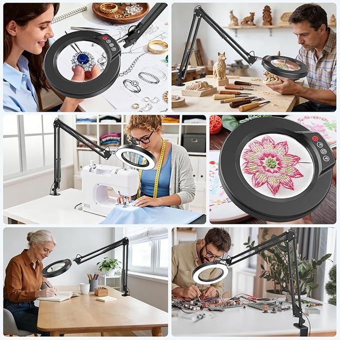 10X Magnifying Glass with Light and Clamp, Real Glass Stand Lighted Magnifier, 5 Color Modes Stepless Dimmable LED Desk Lamp Hands Free for Crafts Hobby Reading Painting Sewing Close Work Large Black