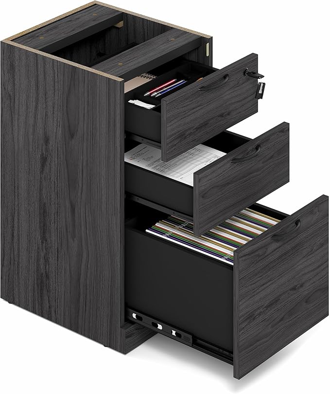 Furinno Roger 60 Inch Executive Desk with File Cabinet, Home Office Desk with 3-Drawer Fixed Pedestal Filing Cabinet, Desk Cord Grommet, for Home Office, Coastal Grey