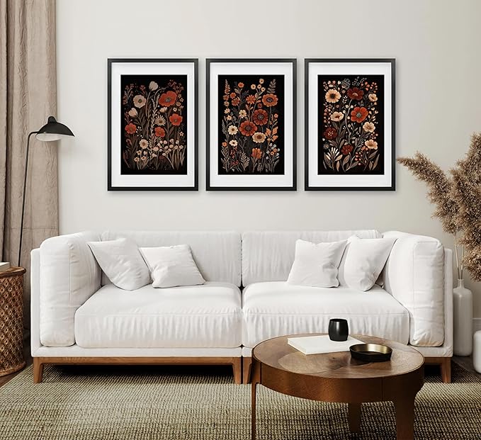 Wavkkey 3 Pcs Dark Floral Wall Art Vintage Moody Flowers Botanical Posters Painting Picture Wall Decor Canvas Print Artwork for Living Room Bedroom Women Room Home Decoration