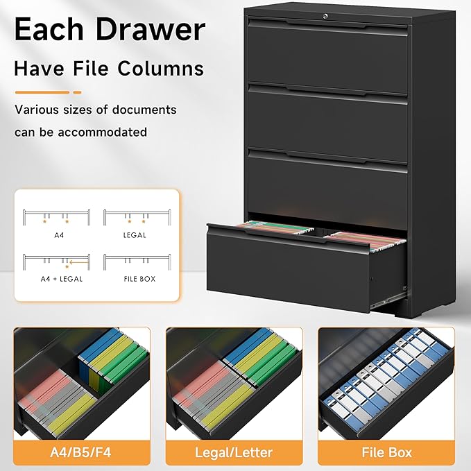 Bestoo 4-Drawer Lateral File Cabinet with Lock, Metal Filing Cabinet for Home Office, Lateral Filing Storage Cabinets, Fits File Folders, Letter/Legal/F4/A4 Sizes, Assembly Required (Black)