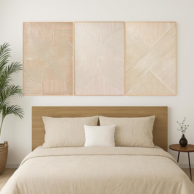 Zessonic Large Textured 3D Wall Art Neutral Set of 3-24"x36" Hand-Painted Abstract Canvas Framed Paintings Brown for Living Room, Bedroom - Modern Minimalist Neutral Boho Decor