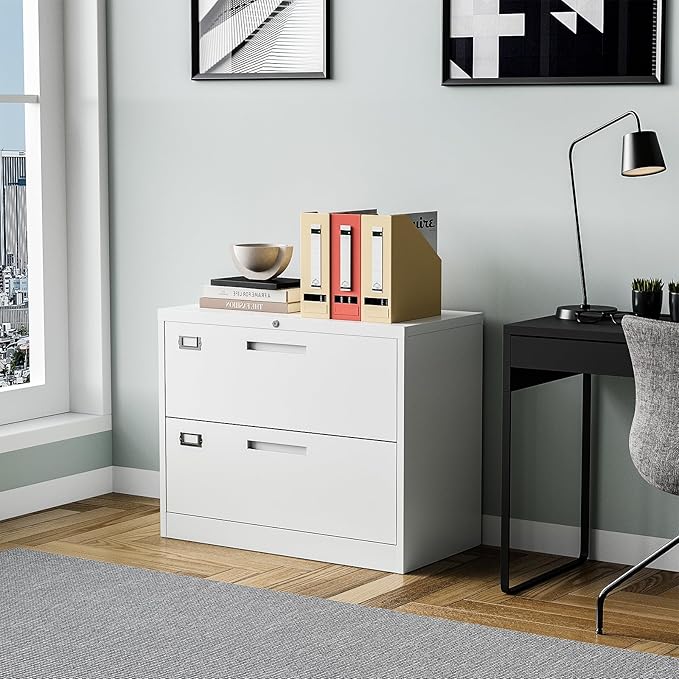 2 Drawer Lateral File Cabinet with Lock, Metal Filing Cabinets for Home Office, Wide Locking File Caninets, White Office Storage Cabnet for Hanging Letter/Legal / A4 / F4 - Assembly Required