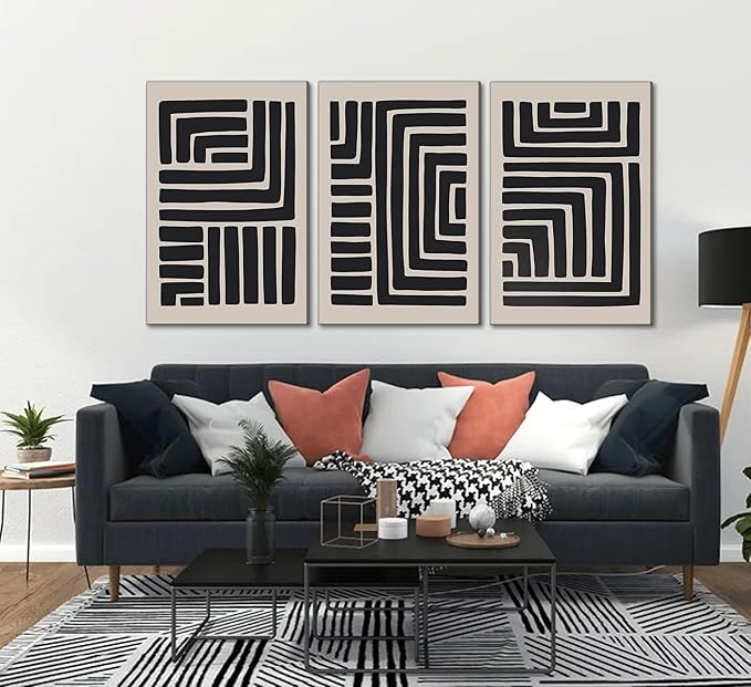 3 Pcs Boho Abstract Lines Canvas Wall Art Modern Neutral Minimalist Bohemian Black Geometric Line Picture Wall Decor Poster Print Artwork for Living Room Bedroom Office Home Decoration