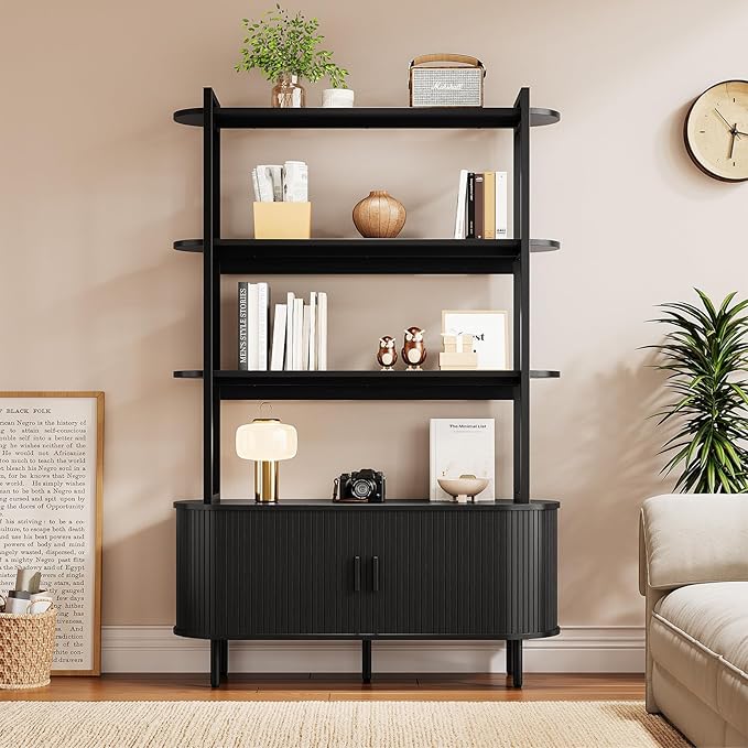 5 Tier Bookshelf with Fluted Cabinet, Tall Bookcase with Sliding Door, Metal and Wood Display Shelf, Free Standing Storage Shelving Unit, Corner Storage Organizer for Living Room, Home Office, Black
