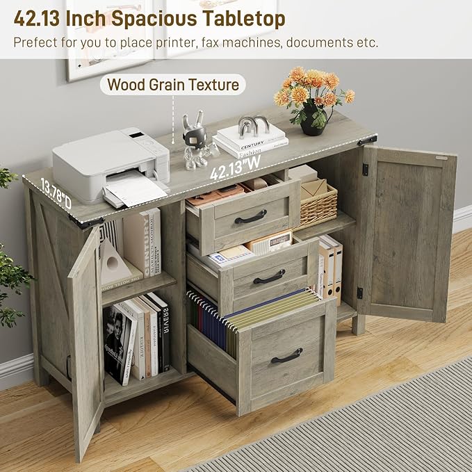Farmhouse File Cabinet with Doors, Lateral Filing Cabinet with 3 Drawers for Letter/A4 Size Hanging Files, Large Wooden Printer Stand with Adjustable Shelves for Home Office, Rustic Grey