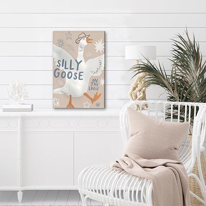 MJONG Funny Nursery Wall Art, Cowboy Silly Goose on the Loose Canvas Prints, Cute Farm Animal Country Wall Decor for Kids Bedroom or Playroom, Rustic Farmhouse Artwork – 12x16in