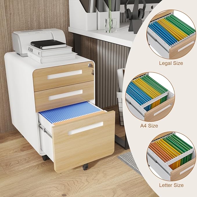 Garvee 3 Drawer File Cabinet with Lock, Under Desk Mobile Metal Filing Cabinet for Home Office, 5 Wheel Anti-Tilt Rolling File Cabinets for A4/Letter/Legal Size, Fully Assembled