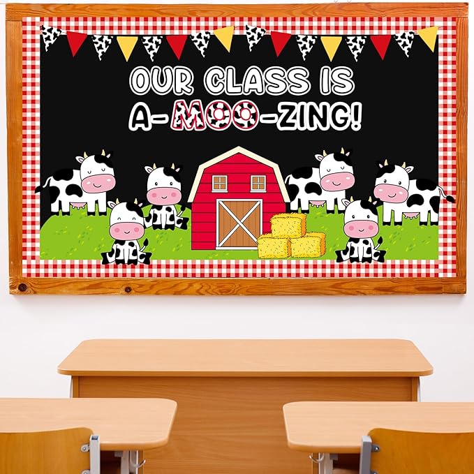 Qyeahkj Farm Cow Bulletin Board Set Fall Bulletin Board Decorations Holy Cow Cutouts Classroom Decorations for Autumn Office Home School Chalkboard Wall Door Farm Animal Theme Party Supplies