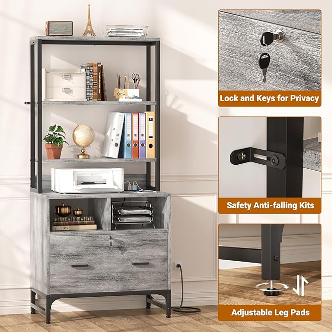 Homieasy File Cabinet with Charging Station, Vertical Filing Cabinet with Lock & Large Drawer, Printer Stand with Storage Shelves, Office Storage Cabinet fits Letter/A4/Legal Size, Light Oak