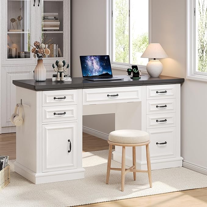 Farmhouse 57" Lift Up Executive Desk with 5 Drawers and Charging Station, Wood Home Office Computer Desk with File Cabinet Storage, Keyboard Tray,Headphone Hook for Work,Study (White+Black)