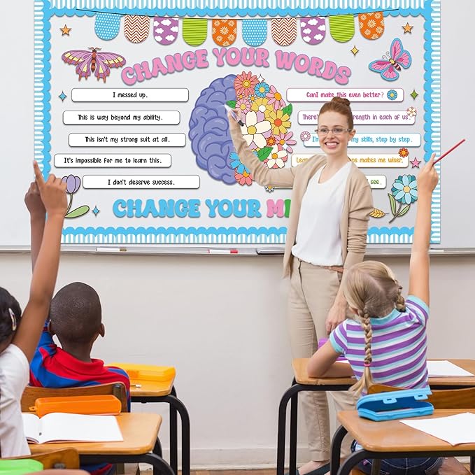 Growth Mindset Bulletin Board Set Flower Mental Health Classroom Decoration Spring Change Your Mindset Bulletin Board Butterfly Brain Positive Sayings Posters Cutouts for School Chalkboard Wall Decor