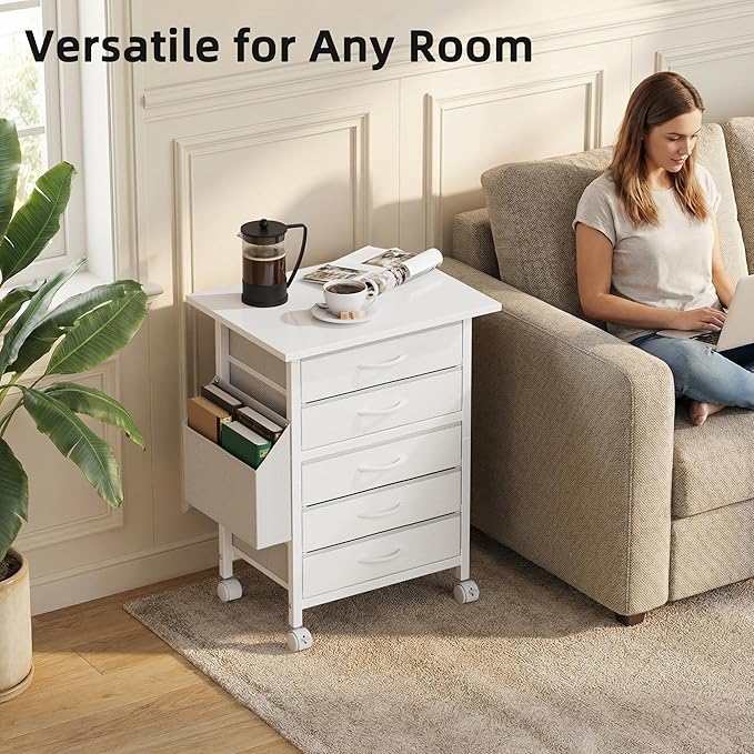 5 Fabric Drawers File Cabinet with Side Pocket, Rolling Printer Stand with Storage for Home Office, Wood Top Storage Cabinet for Documents and Crafts, White, 15" D