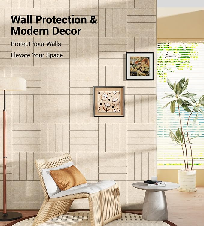 1/2" Thick Cork Board for Office, 6 Pack Felt Wall Tiles -28"x18" with Safe Adhesive Tabs, Large Bulletin Board, Push Pin Board Organizer Wall - Beige
