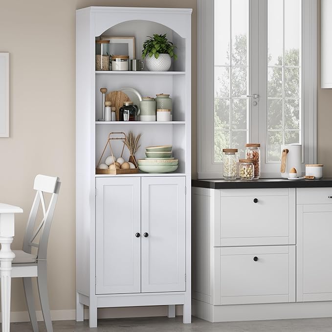 Bookshelf with Doors, 71" Tall Wood Book Shelf with Cabinet, 24" Wide Arched Bookcase with Adjustable Shelf, Floor Standing Display Storage Cabinet for Home Office, Study and Living Room, Modern White