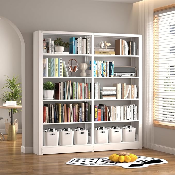 5-Tier Industrial White Metal Bookshelf - Freestanding Tall Storage Organizer for Living Room & Home Office, BSJ175-2