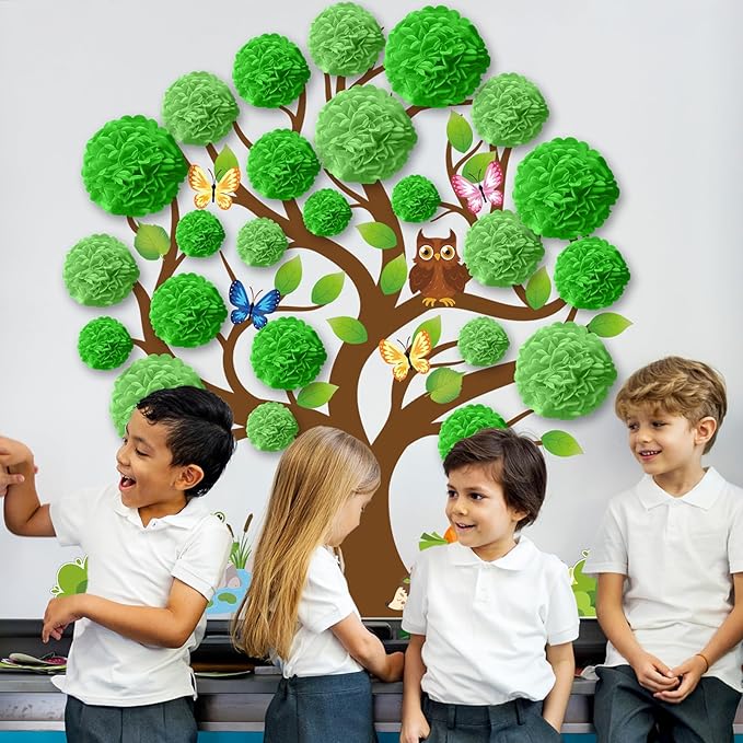 Spring Tree Bulletin Board Set Decorations for Classroom Spring 3D Green Tree Cutouts with Paper Pom Poms Paper-Cuts for Woodland Whimsy Party School Nursery Classroom Birthday Party Decor